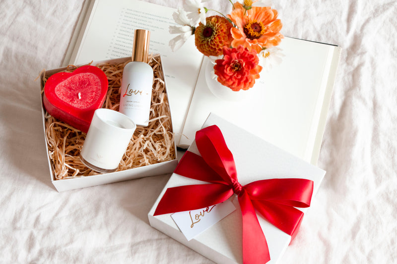 Pamper gift set. heart candle, soy candle and room spray