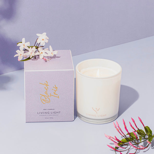 Soy candle. 100% soy wax candle. Premium black iris scent. Living Light Candles.