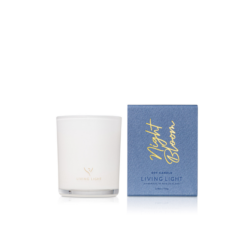 Night Bloom soy candle by Living Light, presented in a sleek white glass jar with wooden lid, paired with a stylish blue gift box. Made in New Zeala