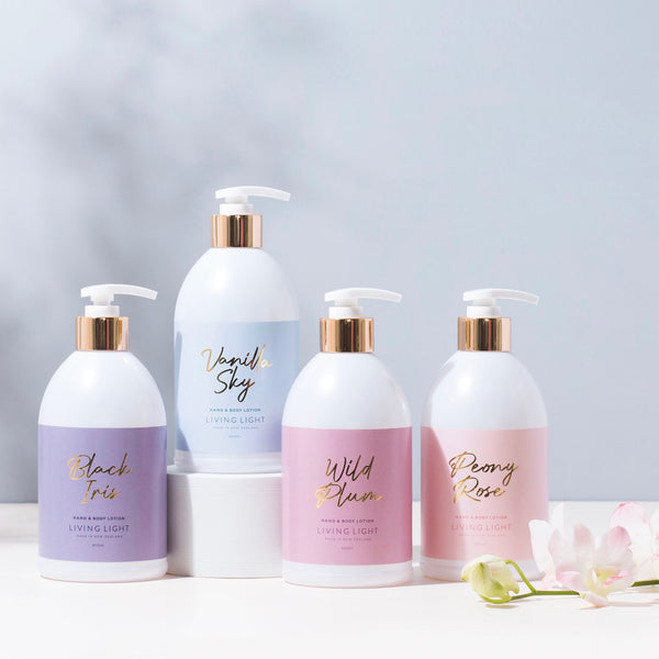 Living Light Hand & Body Lotions in Black Iris, Vanilla Sky, Wild Plum, and Peony Rose scents. 400ml pump bottles, handmade in New Zealand.