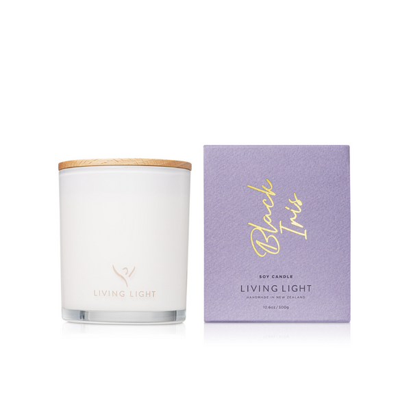 black iris living light soy candle, handmade in Nz. set in glass packaging