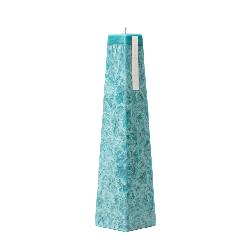 Living Light Ocean Sage Icicle Candle in aqua blue, featuring crystalline wax texture and tall sculptural design. Handcrafted in New Zealand.
