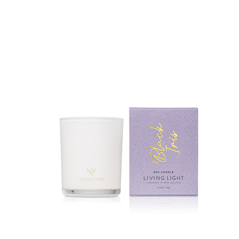 black iris living light soy candle, handmade in Nz. set in glass packaging