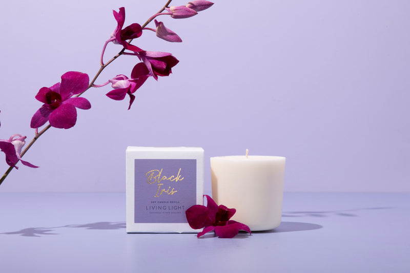 black iris living light soy candle, handmade in Nz. set in glass packaging