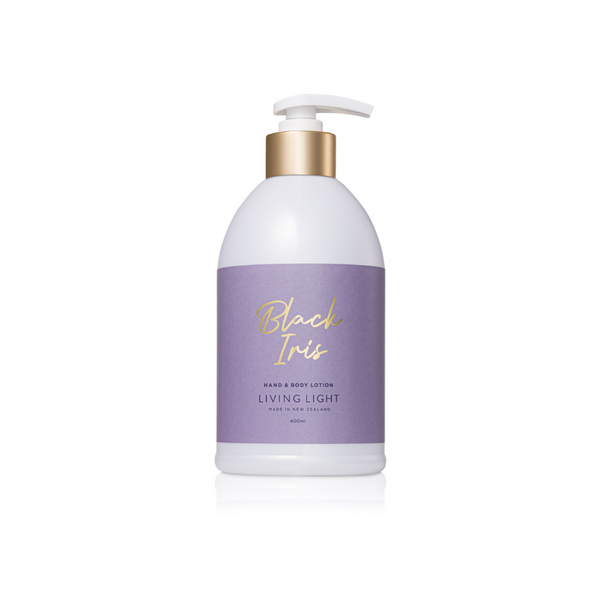 Living Light Black Iris Hand & Body Lotion in a 400ml pump bottle with gold lid and lavender label. Handmade in New Zealand.