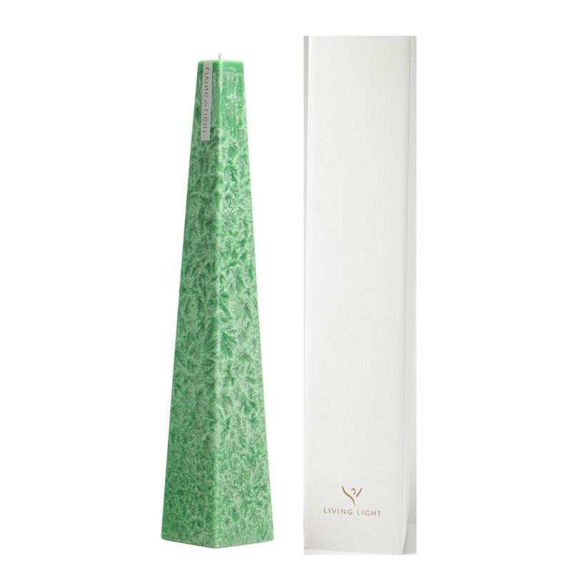Living Light Festive Pine Icicle Candle in green with signature crystalline finish, displayed alongside its elegant white gift box, handmade in NZ.