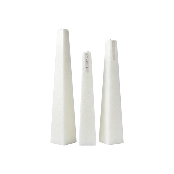 Living Light Pinot Blanc Icicle Candles in soft white crystalline wax. Set of three sculptural taper candles. Handmade in New Zealand.