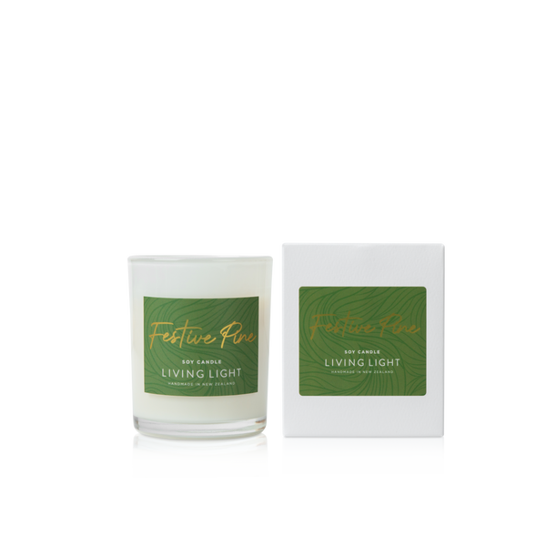 Festive pine living light soy candle, handmade in Nz. set in glass packaging
