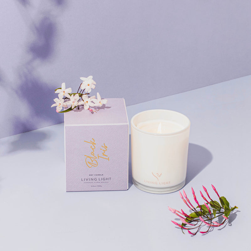 black iris living light soy candle, handmade in Nz. set in glass packaging