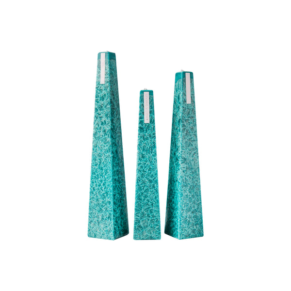 Living Light Ocean Sage Icicle Candles in aqua blue, featuring crystalline wax texture and sculptural taper design. Handmade in New Zealand
