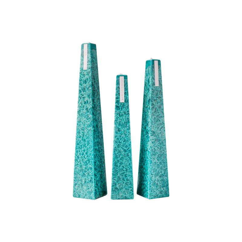 Living Light Ocean Sage Icicle Candles in aqua blue, featuring crystalline wax texture and sculptural taper design. Handmade in New Zealand
