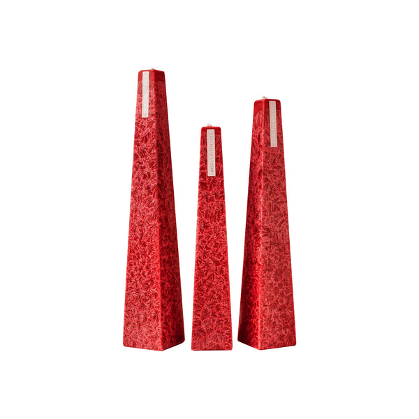 Living Light Pohutukawa Icicle Candles in small, medium, and large sizes—vibrant red sculptural candles with a crystalline finish, handmade in NZ.