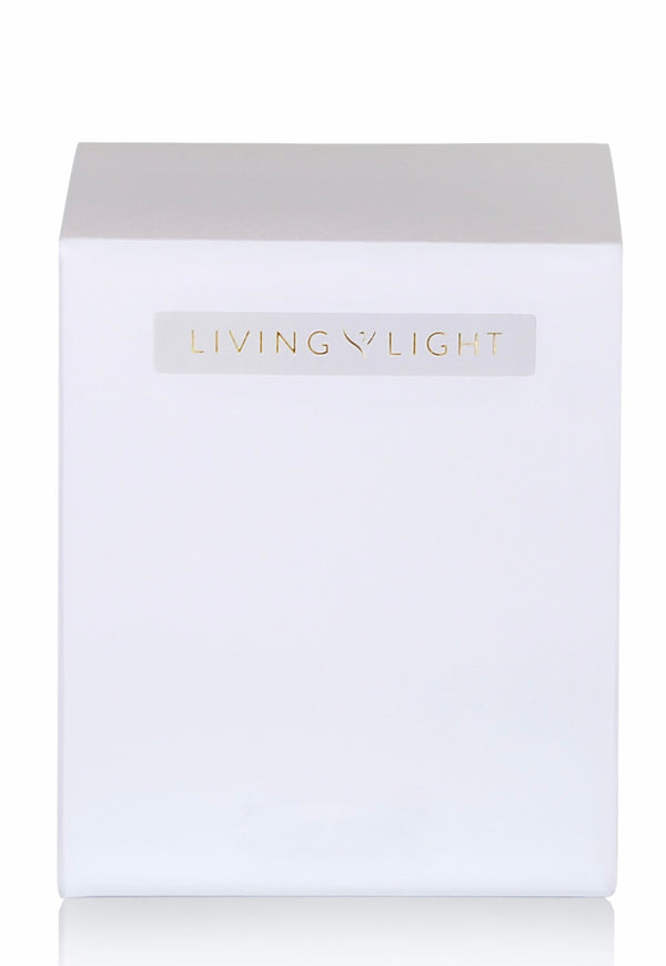 Living Light white gift box with gold embossed logo – perfect for elegant candle and body care gift sets.