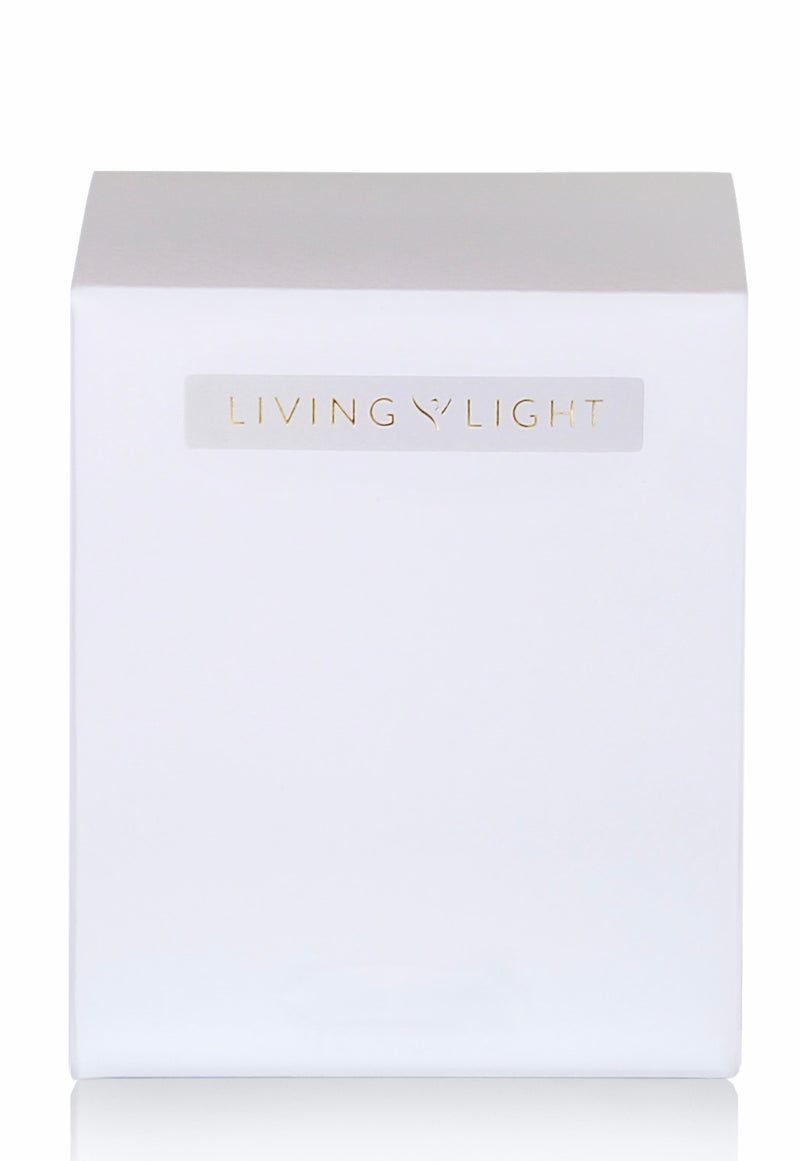 Living Light white gift box with gold embossed logo – perfect for elegant candle and body care gift sets.