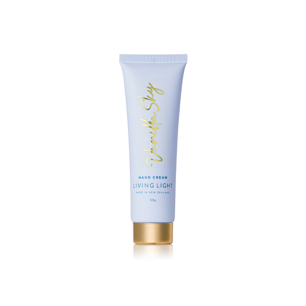 vanilla hand cream in blue and white packaging, White background| | Living light 