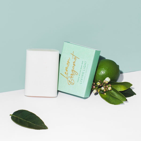 lemon bergamot triple milled body bar  next to lime  | Living light