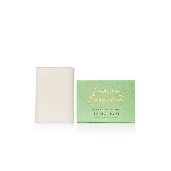 Lemon Bergamot body bar in green packaging | Living Light