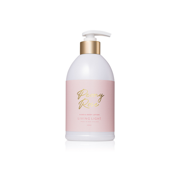 living light hand and body lotion in white packaging with pink and gold label. 
